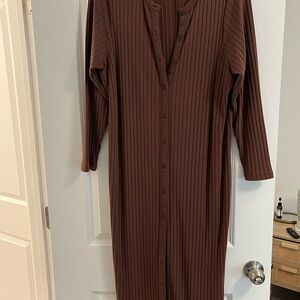 Brown Ribbed Button-Down Dress
